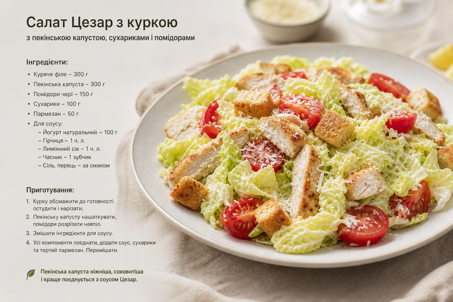 Рецепт салату Цезар з куркою, сухариками, пекінською капустою і помідорами. Чому пекінська капуста, а не романо Рецепт салату Цезар з куркою, сухариками, пекінською капустою і помідорами. Чому пекінська капуста, а не романо