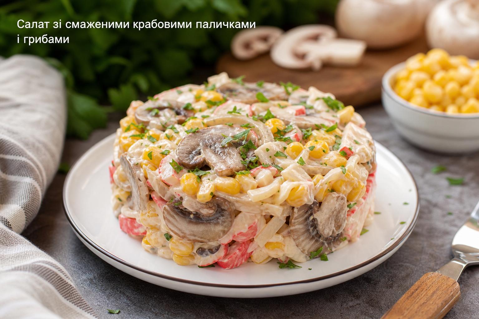 Салат зі смаженими крабовими паличками і грибами – рецепт з печерицями, кальмаром, кукурудзою. З чим подавати цей салат Салат зі смаженими крабовими паличками і грибами – рецепт з печерицями, кальмаром, кукурудзою. З чим подавати цей салат