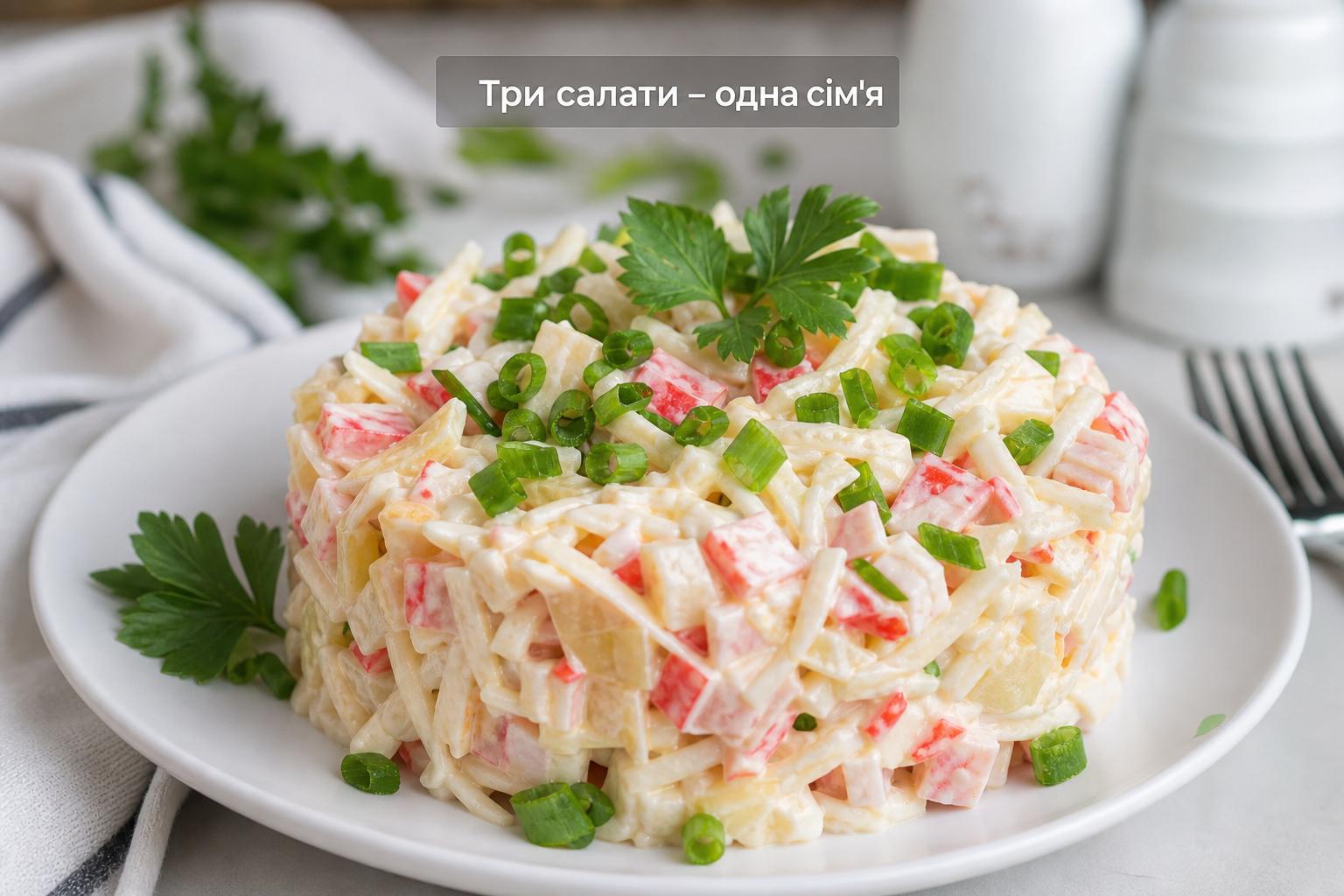 Салат з крабовими паличками і ковбасою – білосніжка, снігова королева, тритон. Чому ці три назви — фактично одна сім'я салатів Салат з крабовими паличками і ковбасою – білосніжка, снігова королева, тритон. Чому ці три назви — фактично одна сім'я салатів