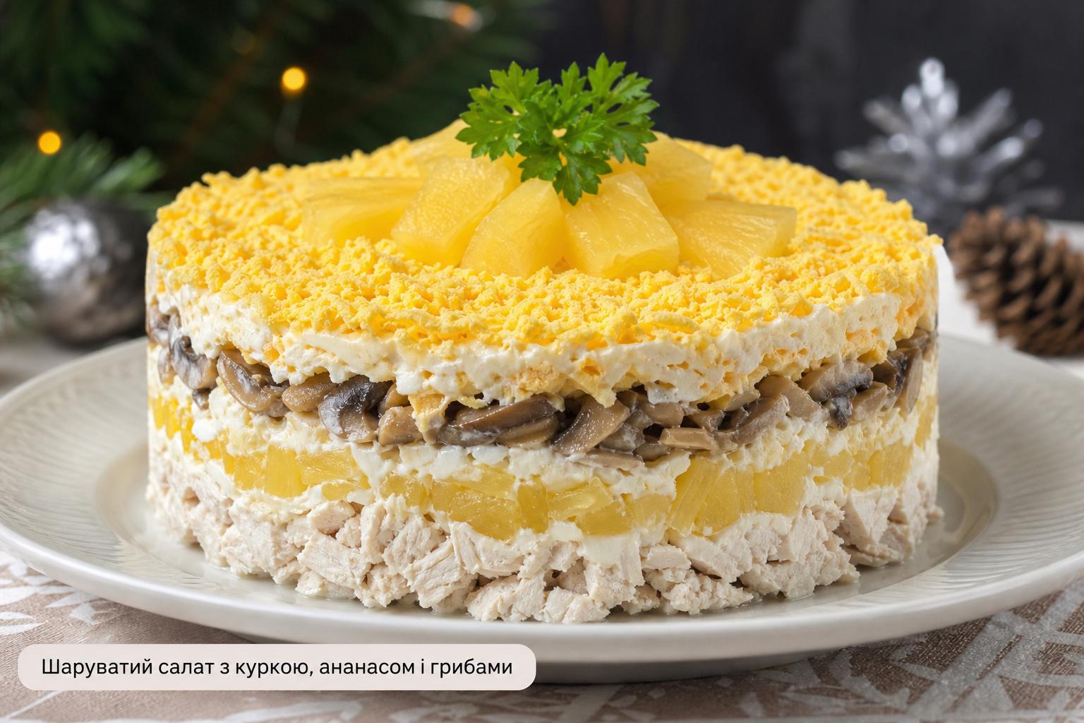 Салати з куркою і ананасами — 5 рецептів смачних і простих салатів для святкового столу. Рецепт 5: Шаруватий салат з куркою, ананасом і грибами Салати з куркою і ананасами — 5 рецептів смачних і простих салатів для святкового столу. Рецепт 5: Шаруватий салат з куркою, ананасом і грибами