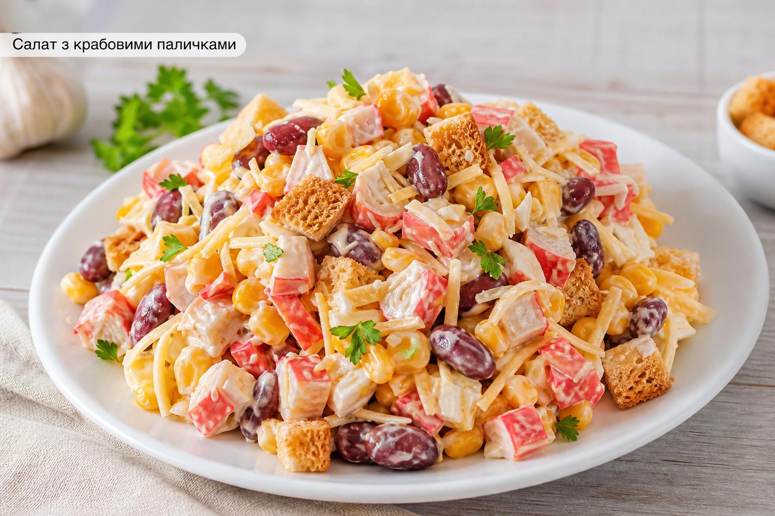 Салат з крабовими паличками і сухариками – рецепт з сиром, кукурудзою, квасолею і часником. Чим можна замінити інгредієнти Салат з крабовими паличками і сухариками – рецепт з сиром, кукурудзою, квасолею і часником. Чим можна замінити інгредієнти