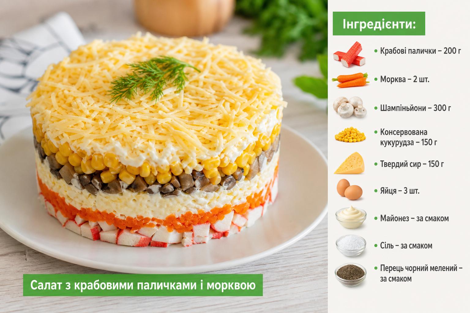 Салат з крабовими паличками і морквою – рецепт з грибами, кукурудзою і сиром. Які інгредієнти потрібні: повний список Салат з крабовими паличками і морквою – рецепт з грибами, кукурудзою і сиром. Які інгредієнти потрібні: повний список