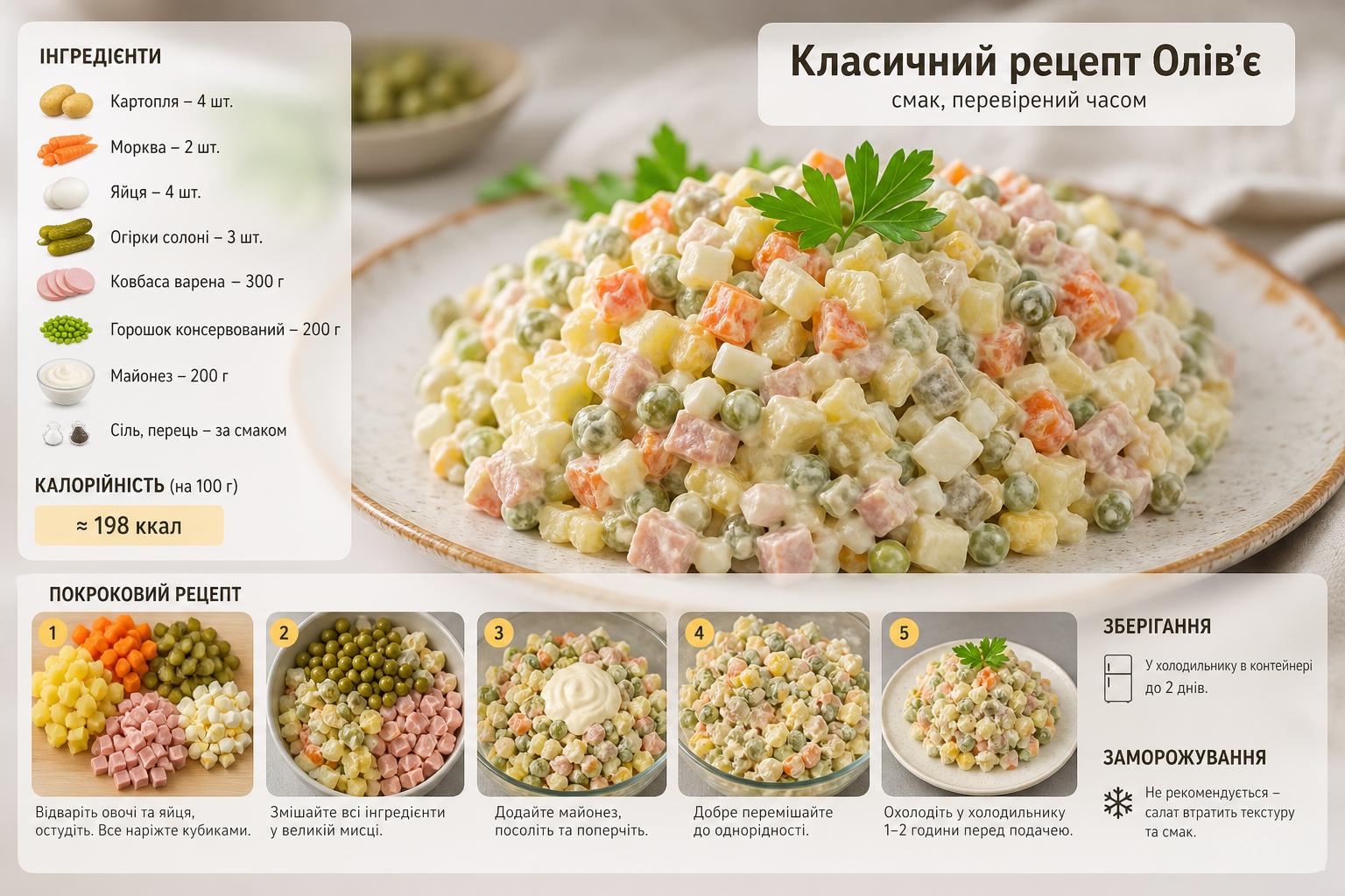 Класичний рецепт олів'є – покроковий рецепт з фото, що потрібно для приготування, калорійність. Скільки зберігається і чи можна заморожувати Класичний рецепт олів'є – покроковий рецепт з фото, що потрібно для приготування, калорійність. Скільки зберігається і чи можна заморожувати