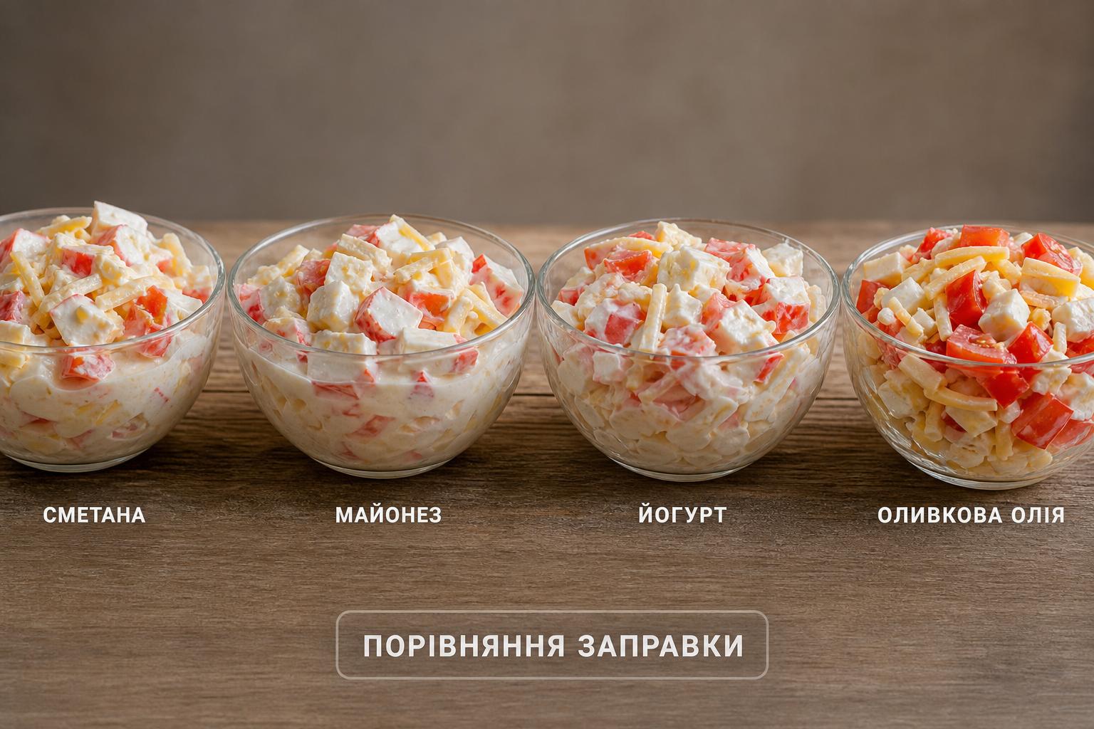 Салат: крабові палички, помідори, сир, часник, болгарський перець. Порівняння варіантів заправки Салат: крабові палички, помідори, сир, часник, болгарський перець. Порівняння варіантів заправки