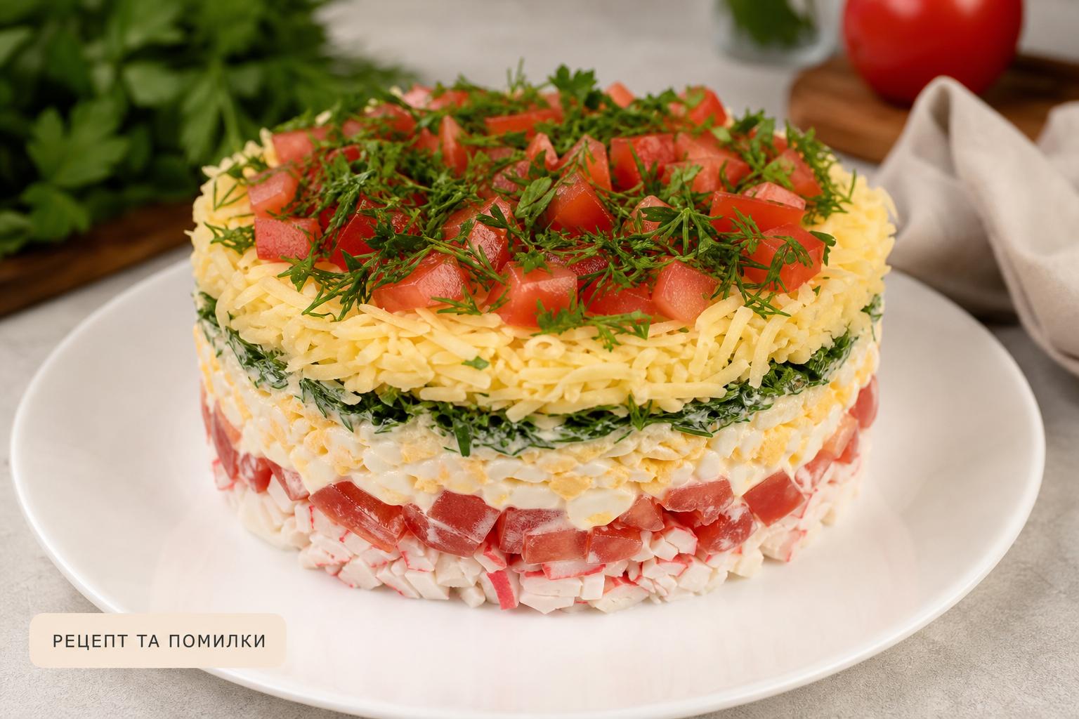 Салат з крабовими паличками, помідорами, сиром і яйцем – рецепт з зеленню шарами. Типові помилки при приготуванні Салат з крабовими паличками, помідорами, сиром і яйцем – рецепт з зеленню шарами. Типові помилки при приготуванні