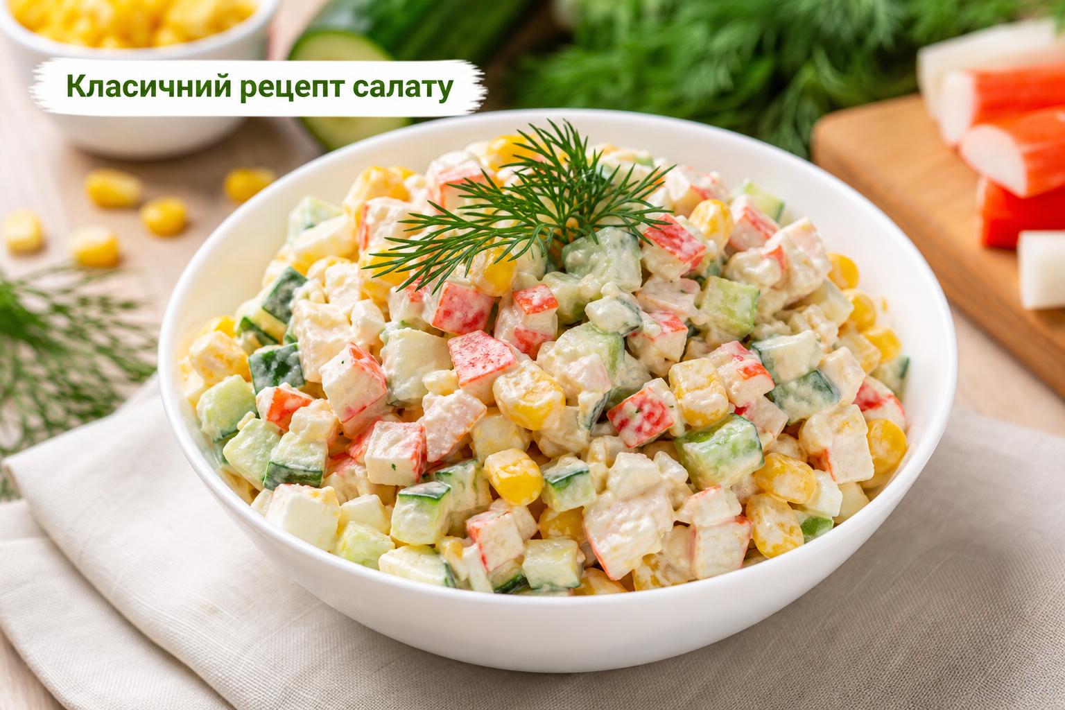 Салат з крабових паличок з кукурудзою і огірком – покроковий рецепт. Класичний покроковий рецепт з паличками, кукурудзою і огірком Салат з крабових паличок з кукурудзою і огірком – покроковий рецепт. Класичний покроковий рецепт з паличками, кукурудзою і огірком