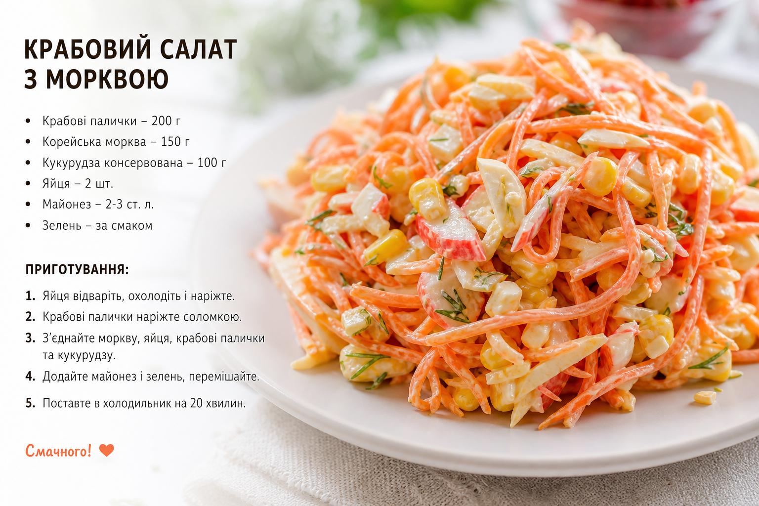 Салат з крабовими паличками і корейською морквою: рецепт. Рецепт крабового салату з морквою: покроково Салат з крабовими паличками і корейською морквою: рецепт. Рецепт крабового салату з морквою: покроково