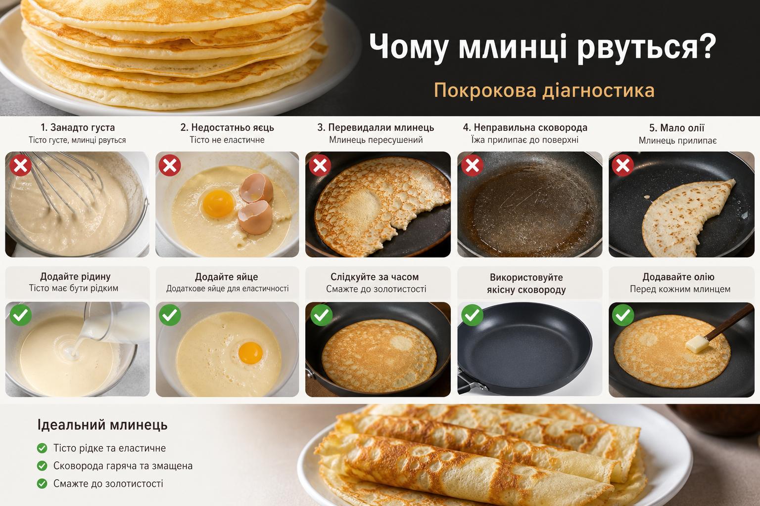 Чому млинці рвуться при перевертанні? Як виправити прилипання млинців до сковороді. Покрокова діагностика: чому саме у вас рвуться млинці Чому млинці рвуться при перевертанні? Як виправити прилипання млинців до сковороді. Покрокова діагностика: чому саме у вас рвуться млинці