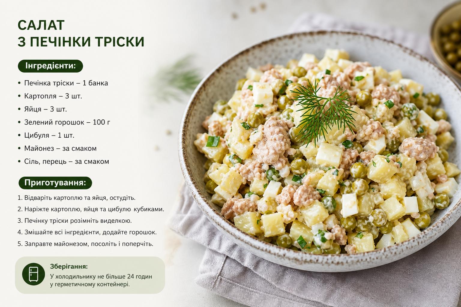 Рецепт салату з печінки тріски з зеленим горошком і картоплею. Скільки зберігається і як правильно тримати Рецепт салату з печінки тріски з зеленим горошком і картоплею. Скільки зберігається і як правильно тримати