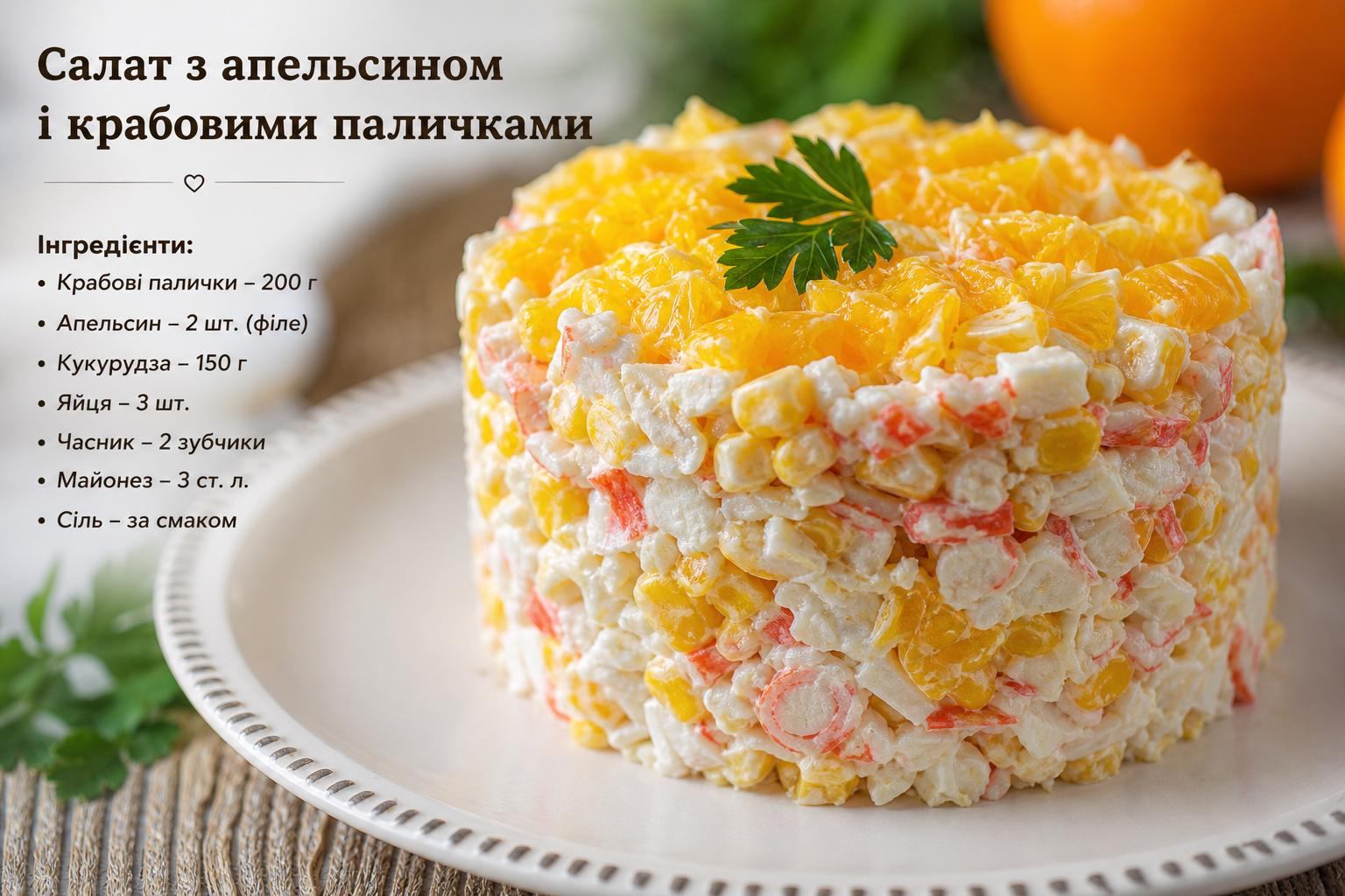 Салат з апельсином і крабовими паличками – королівський рецепт з кукурудзою і часником. Інгредієнти: що брати і в яких пропорціях Салат з апельсином і крабовими паличками – королівський рецепт з кукурудзою і часником. Інгредієнти: що брати і в яких пропорціях