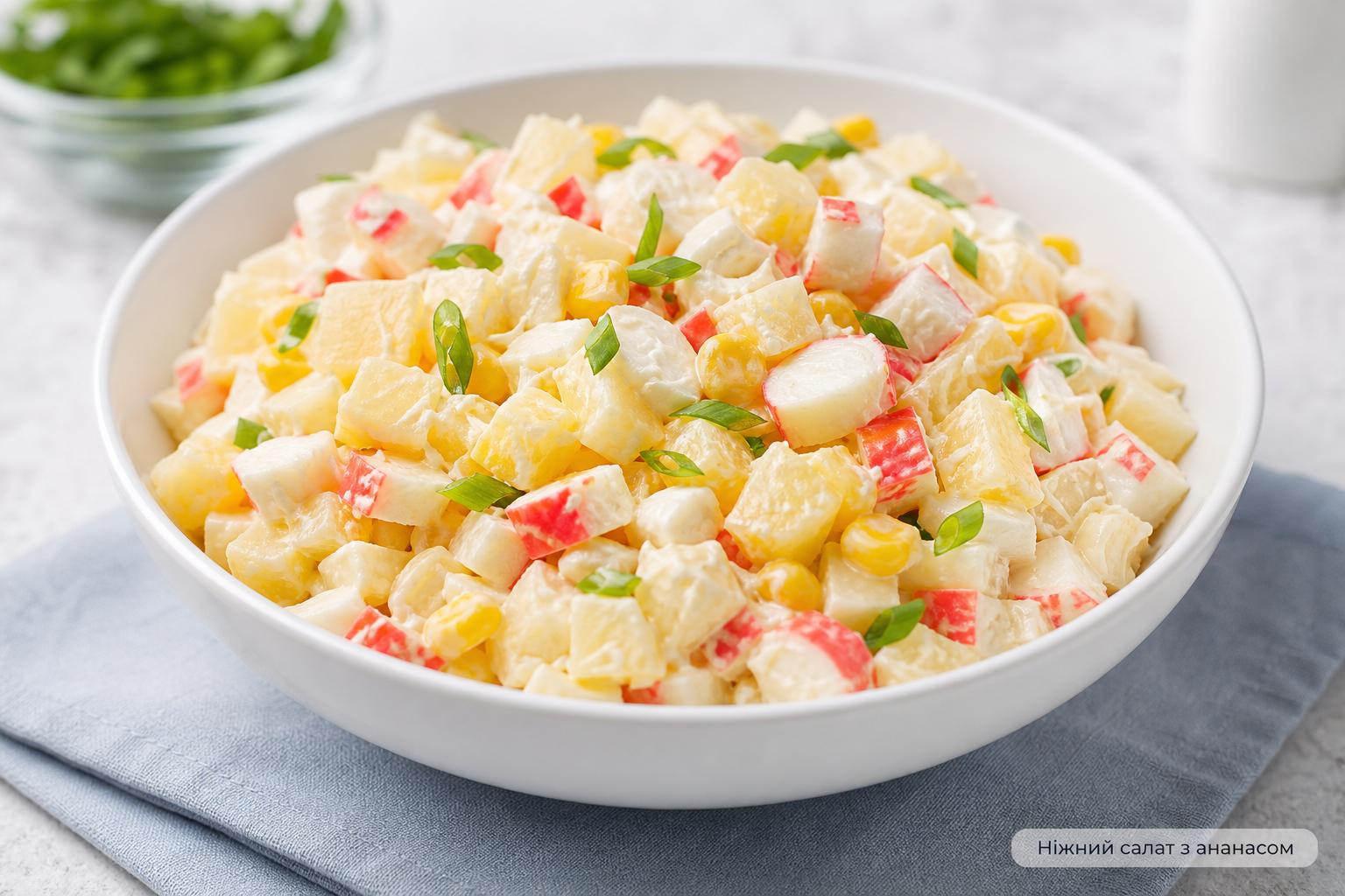Ніжний салат з ананасом, кукурудзою і крабовими паличками. Коротко про головне Ніжний салат з ананасом, кукурудзою і крабовими паличками. Коротко про головне