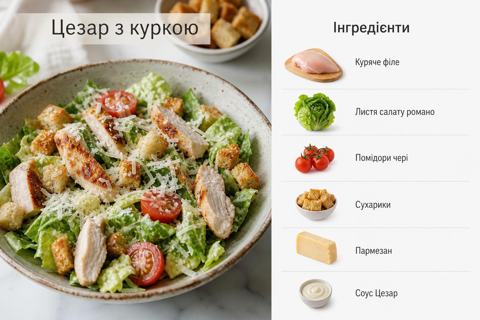 Класичний рецепт салату Цезар з куркою, сухариками і помідорами. Що потрібно для класичного Цезаря з куркою Класичний рецепт салату Цезар з куркою, сухариками і помідорами. Що потрібно для класичного Цезаря з куркою