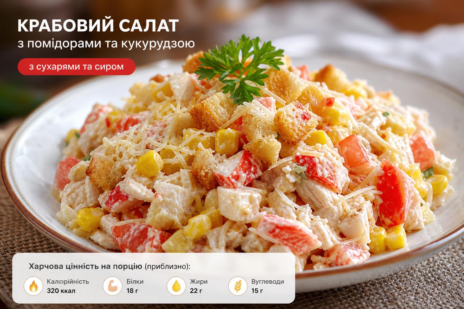 Крабовий салат з помідорами і кукурудзою – рецепт з сухарями, сиром, часником і куркою. Харчова цінність: приблизні показники на порцію Крабовий салат з помідорами і кукурудзою – рецепт з сухарями, сиром, часником і куркою. Харчова цінність: приблизні показники на порцію