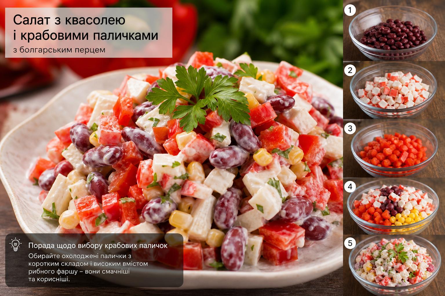 Салат з квасолею і крабовими паличками – рецепт з фото, з болгарським перцем покроково. Поради щодо вибору крабових паличок Салат з квасолею і крабовими паличками – рецепт з фото, з болгарським перцем покроково. Поради щодо вибору крабових паличок