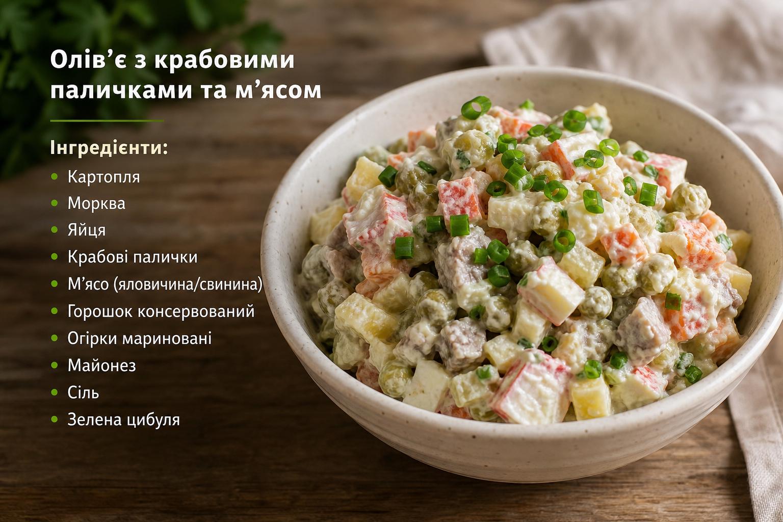 Олів'є з крабовими паличками – рецепт з м'ясом. Які інгредієнти потрібні Олів'є з крабовими паличками – рецепт з м'ясом. Які інгредієнти потрібні