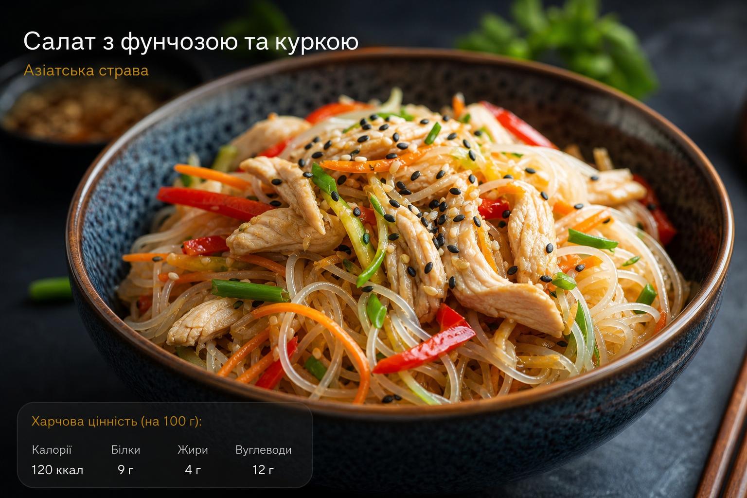 Салат з фунчозою та куркою – смачна азіатська страва. Харчова цінність страви Салат з фунчозою та куркою – смачна азіатська страва. Харчова цінність страви