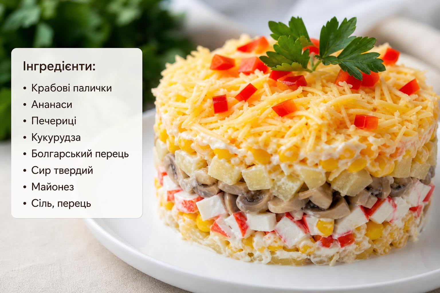 Салат з крабовими паличками і сиром – рецепт з ананасом, грибами, кукурудзою і болгарським перцем. Які інгредієнти вам знадобляться Салат з крабовими паличками і сиром – рецепт з ананасом, грибами, кукурудзою і болгарським перцем. Які інгредієнти вам знадобляться