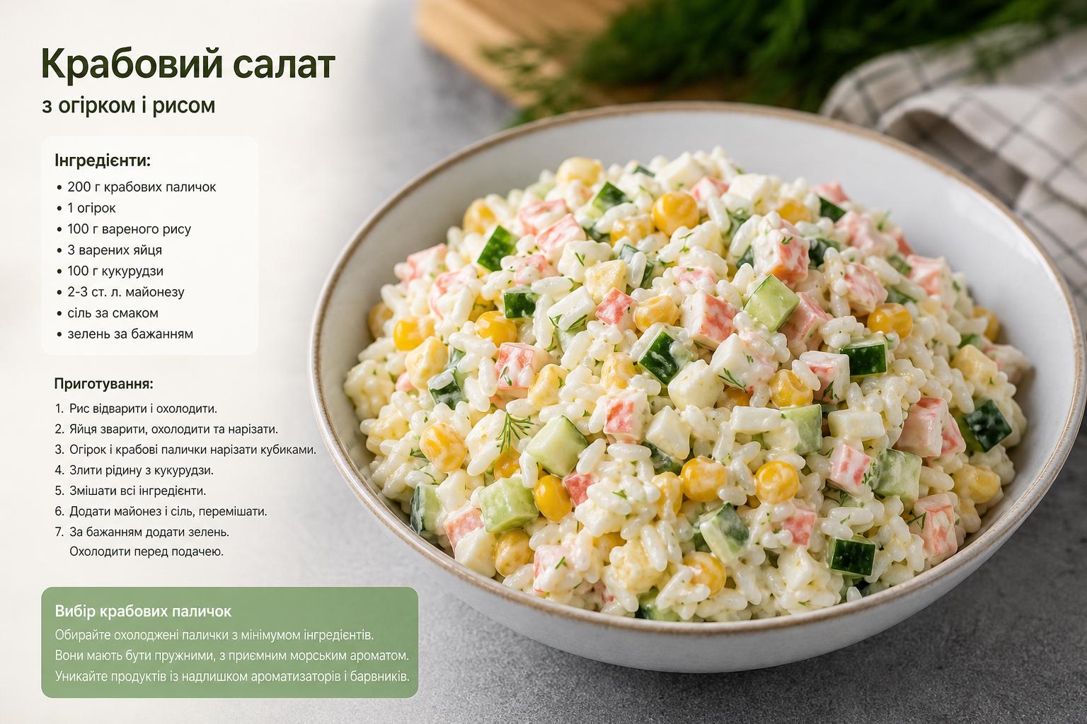 Крабовий салат з огірком і рисом, кукурудзою, яйцем і майонезом – покроковий рецепт. Кілька слів про вибір крабових паличок Крабовий салат з огірком і рисом, кукурудзою, яйцем і майонезом – покроковий рецепт. Кілька слів про вибір крабових паличок