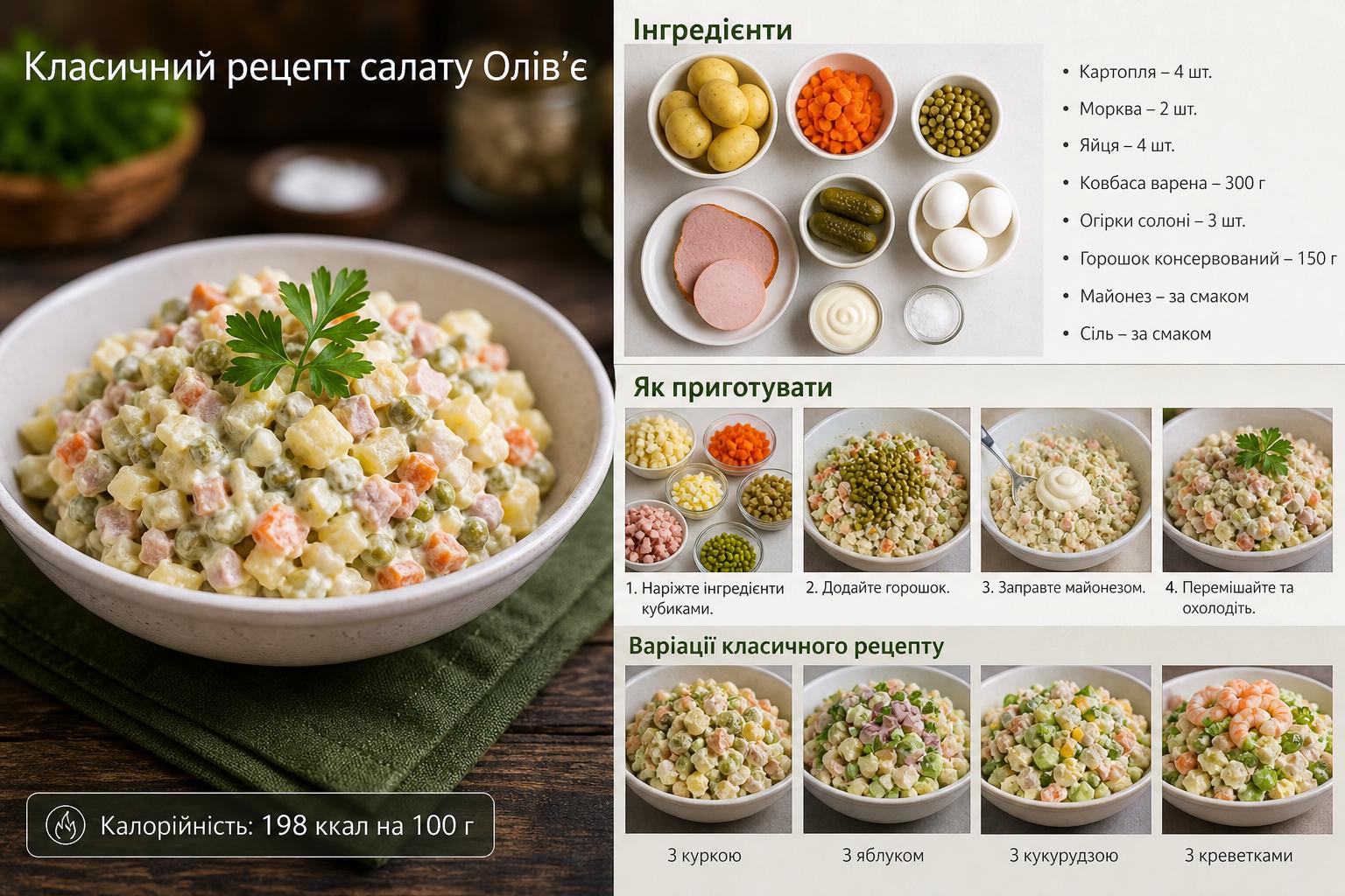 Класичний рецепт олів'є – покроковий рецепт з фото, що потрібно для приготування, калорійність. Варіації класичного рецепту Класичний рецепт олів'є – покроковий рецепт з фото, що потрібно для приготування, калорійність. Варіації класичного рецепту