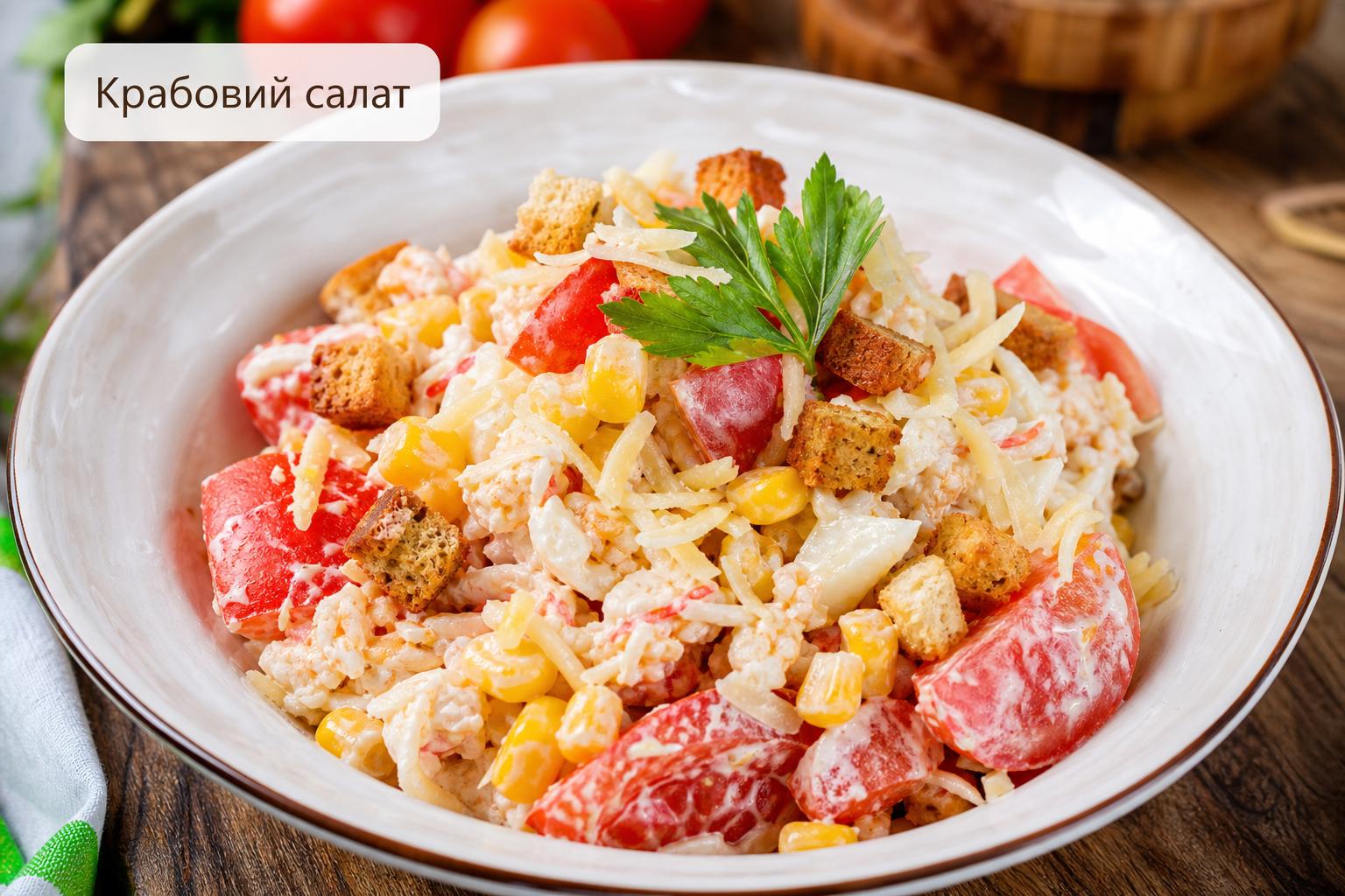 Крабовий салат з помідорами і кукурудзою – рецепт з сухарями, сиром, часником і куркою. Варіації рецепту: як змінити страву під свій смак Крабовий салат з помідорами і кукурудзою – рецепт з сухарями, сиром, часником і куркою. Варіації рецепту: як змінити страву під свій смак