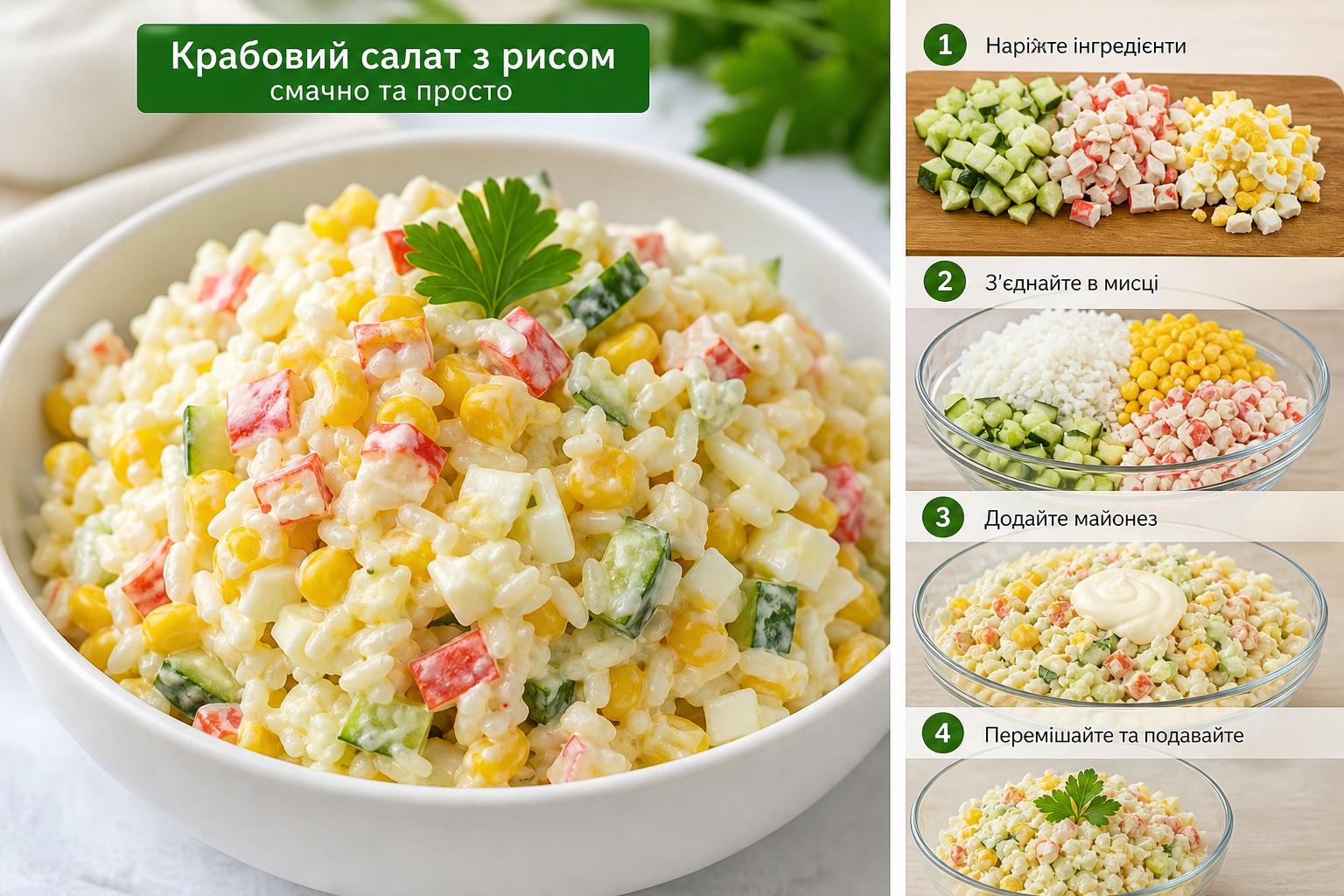 Крабовий салат з огірком і рисом, кукурудзою, яйцем і майонезом – покроковий рецепт. Варіації: як можна змінити рецепт Крабовий салат з огірком і рисом, кукурудзою, яйцем і майонезом – покроковий рецепт. Варіації: як можна змінити рецепт