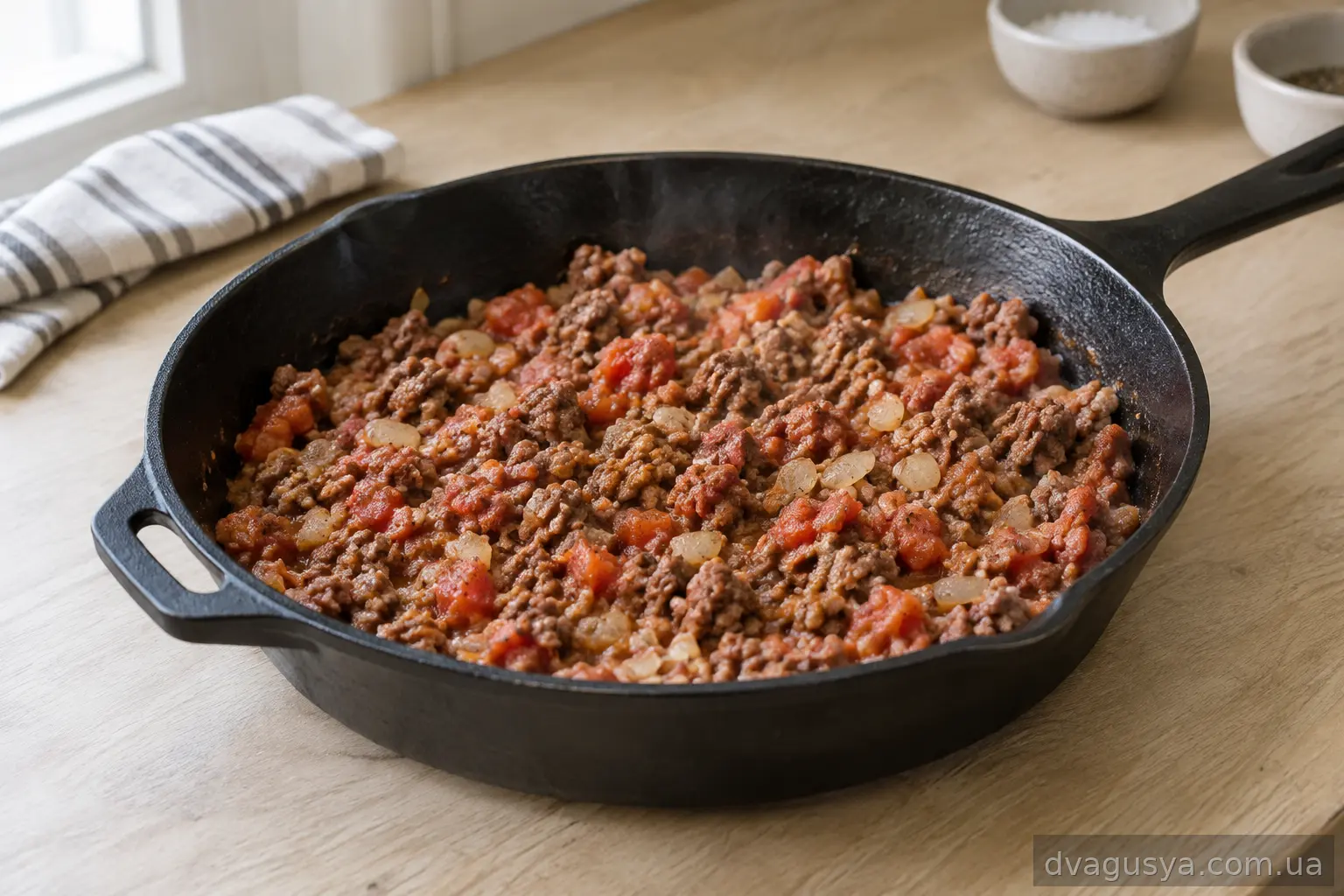 Тушкований фарш із помідорами, цибулею та часником на сковороді