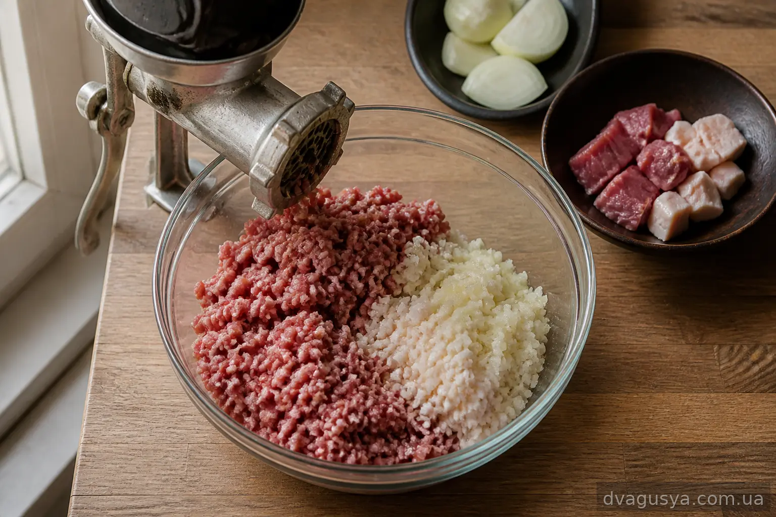 Готовий фарш після м'ясорубки зі шматочками сала та цибулі