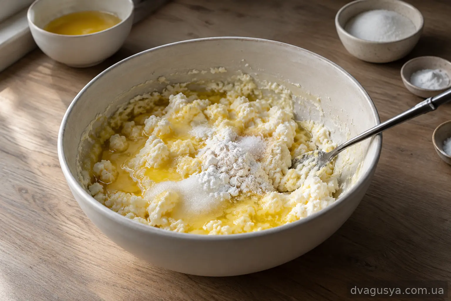 Сир змішаний з розтопленим маслом, цукром і розпушувачем