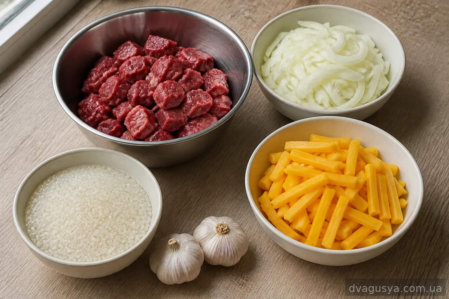 Підготовлені інгредієнти для плову з яловичиною: кубики м'яса, цибуля, морква, рис і часник
