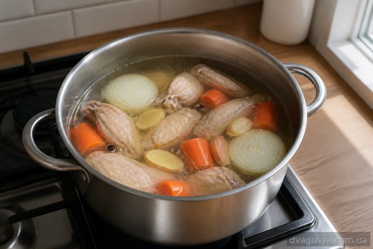 Варіння курячого бульйону для рамену з овочами
