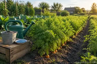 Грядка моркви на городах у серпні з лійкою, золою та гранулами добрива біля рядка