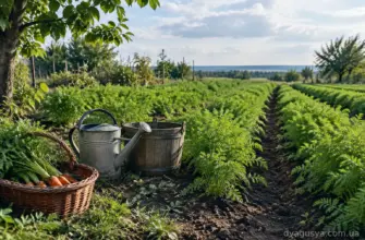 Ряди пізньої моркви на серпневому городі, лійка й відро для підживлення та кошик із викопаними коренеплодами